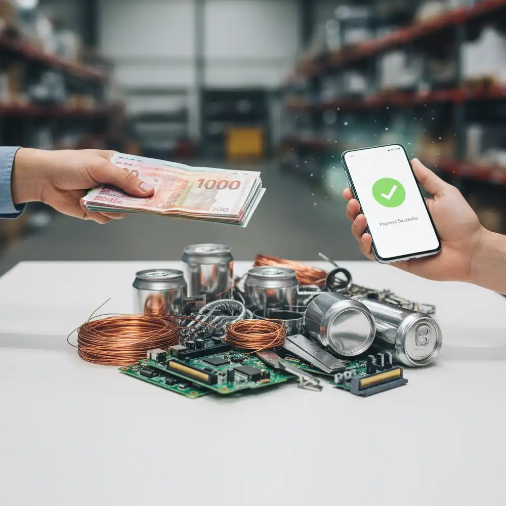 • دست هایی در حال مبادله پول نقد یا پرداخت دیجیتال برای خرید و فروش منصفانه ضایعات فلزی و الکترونیکی