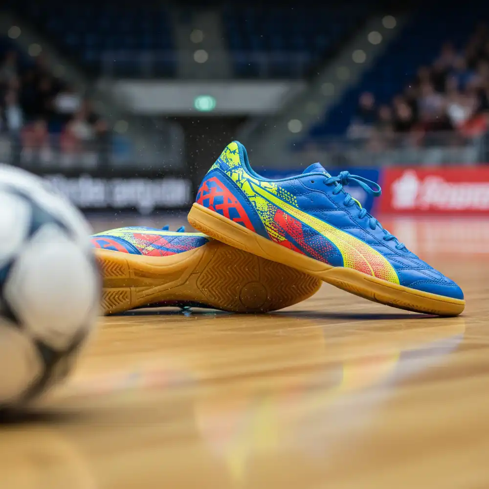 کفش فوتسال روی زمین چوبی سالن، نمایش کفی صاف و چسبنده برای کنترل و چابکی