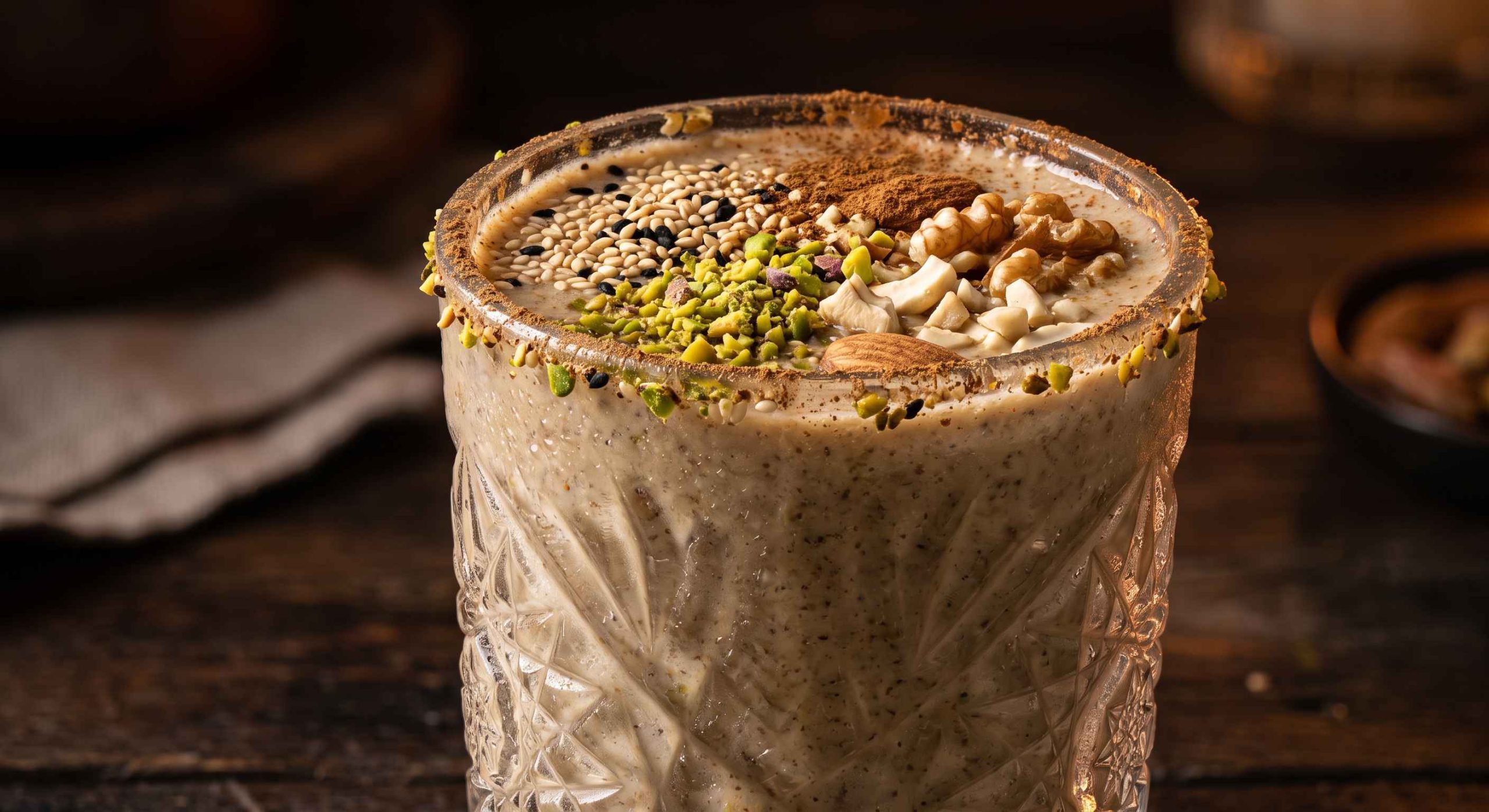 لیوان معجون غلیظ هفت مغز برای ورزشکاران و افزایش وزن تی شین