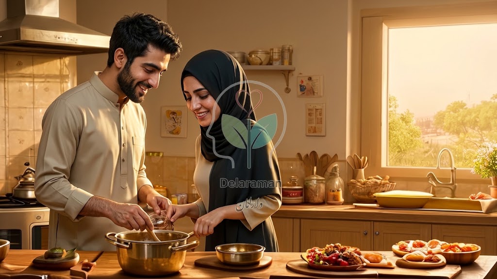 زوجی که با همکاری و خنده در کنار هم آشپزی میکنند